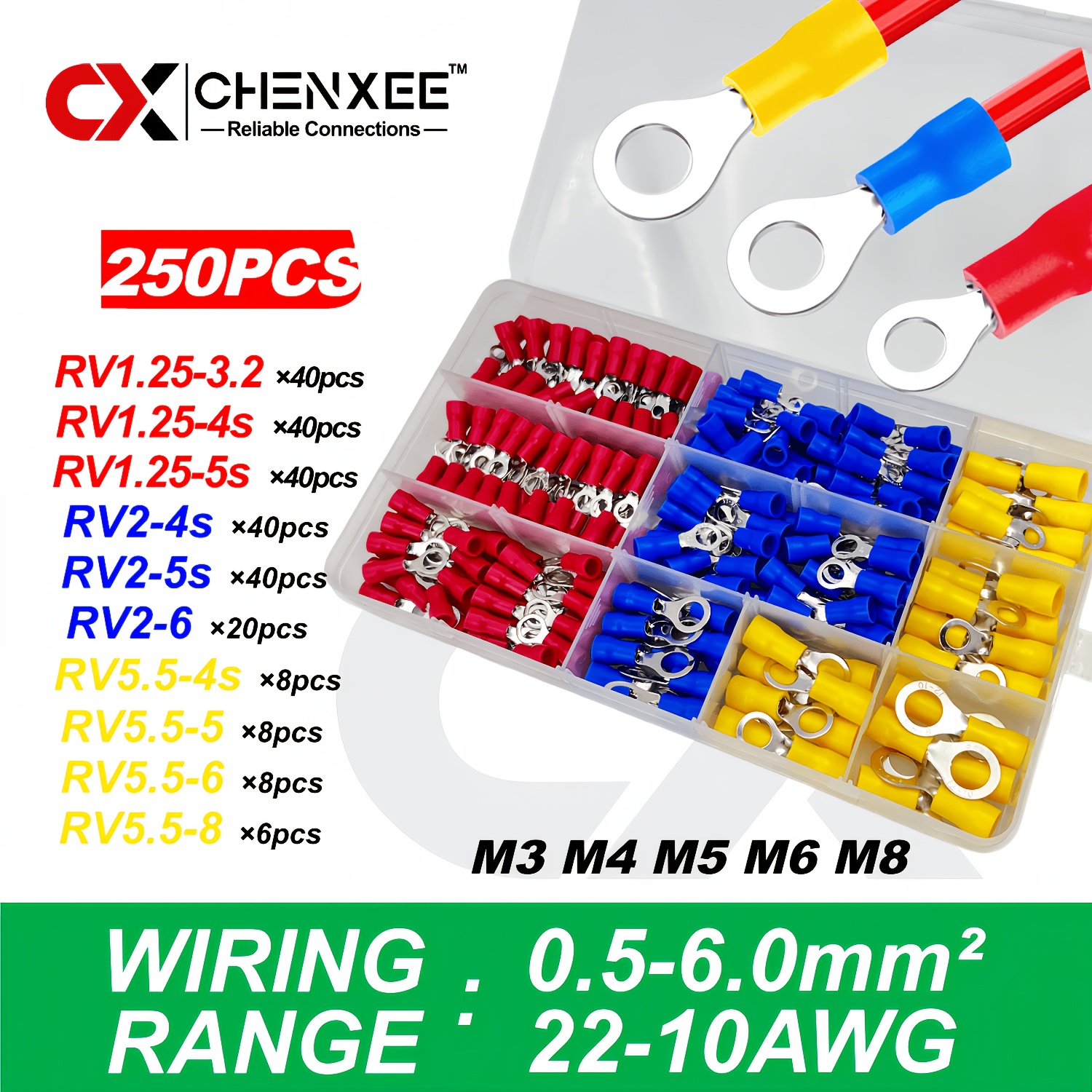 TEMU Kit assortito da 250 pz di connettori a crimpare con ad anello isolato, capocorda a O per cavi, 10 misure assortite M3 M4 M5 M6 M8, per progetti