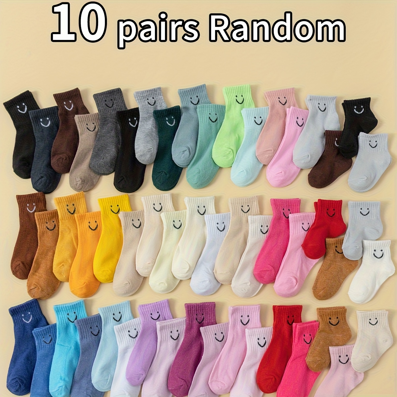 Image of Random 10-pair Solid Color Cartoon , Sporty And Cute Mid-calf Socks, Breathable And Comfortable , Suitable For Boys And Girls' Daily Wear, Autumn And Winter Baby Socks