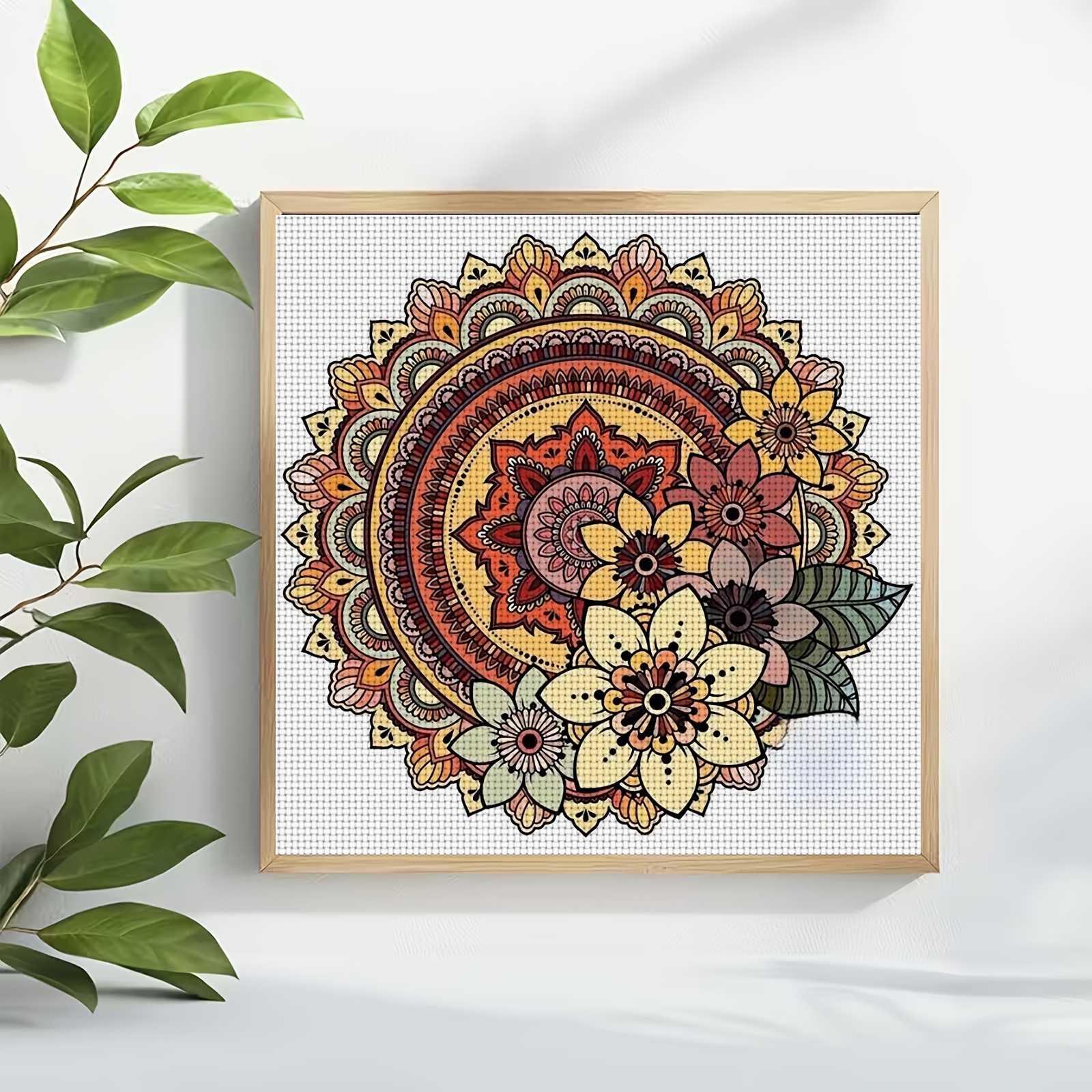DIY Cross Stitch Print Kit, Frameless, Round Floral Decorative Pattern