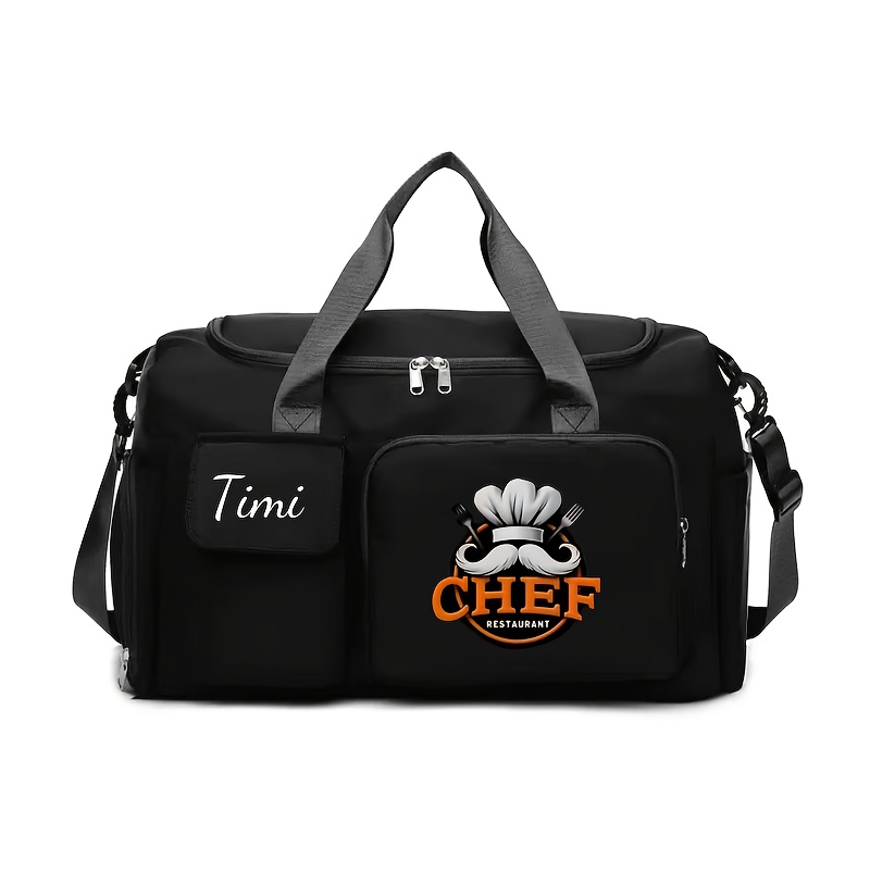 TEMU A Black Travel Bag/luggage That Customized With Names, Numbers, Dates, And Other Text. It Features Multiple Pockets For Storage And A Print.
