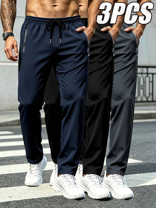 elementbilde 3 stk unisex moderne sports utendørs lange bukser, komfortabelt og mykt stoff, dobbeltsidige glidelåslommer med bokstaver, elastisk snøring i livet, for alle årstider, sport, utendørsaktiviteter, casual utflukter!