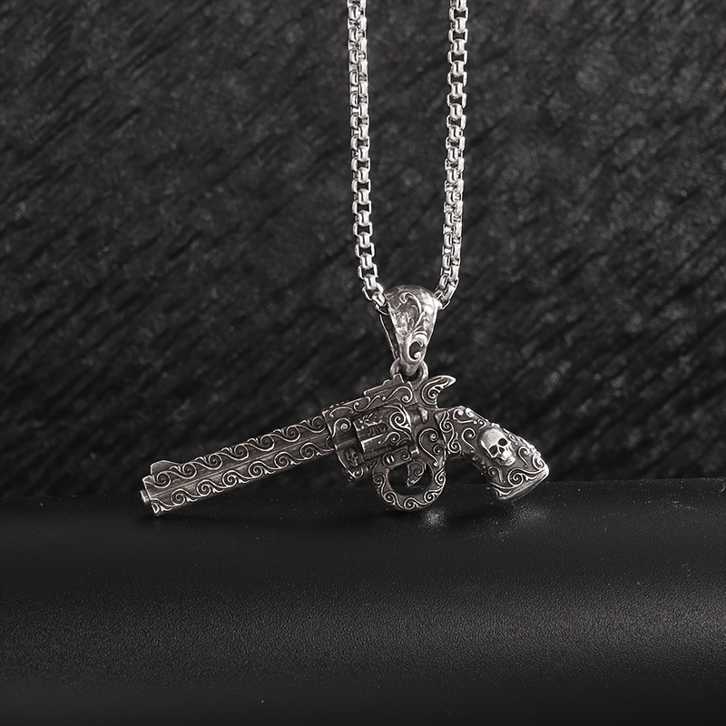 Retro Skull Gun Charm Necklace, Unisex Gift