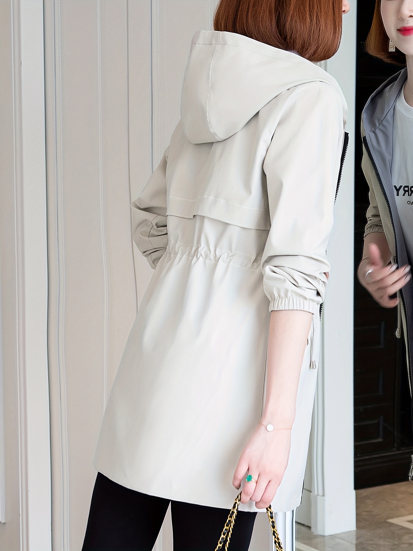 Chaqueta casual de inspiración coreana para mujer, doble cara, midi, con cintura ajustable, cierre de cremallera y forro de contraste, color sólido, abrigo para primavera/otoño, chaqueta rompevientos, atuendo casual, estilo de moda coreana, diseño de cintura entallada - Imagen 7