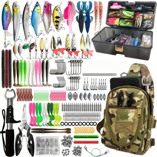 144pcs fishing supplies set with storage box including waist bag or backpack soft bait hard bait fish hook lead pendant rotating sequins simulation bait suitable for gifts for