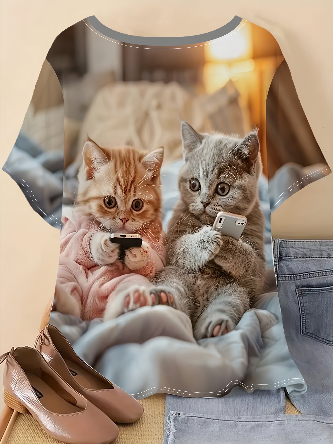 Women'* Print Cat Graphic T-Shirt Smartphone Kittens Design, Breathable  Round Neck Summer Top, Machine Washable Casual Tee for Outdoor Casual