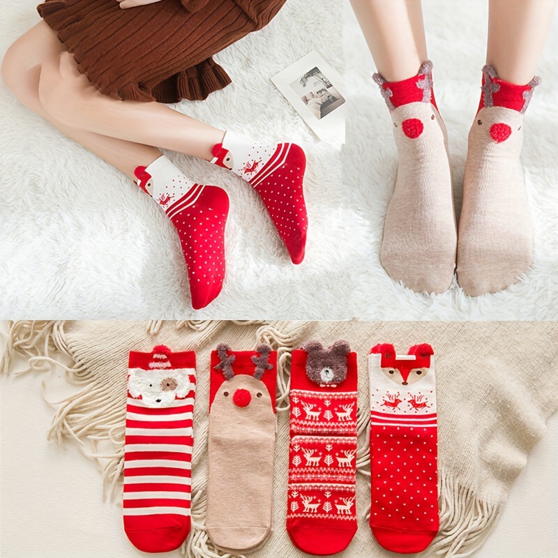 

5pcs Women's Christmas Socks - Cute 3d Cartoon Reindeer, Cozy Cotton Mid-calf Length For Autumn & Winter