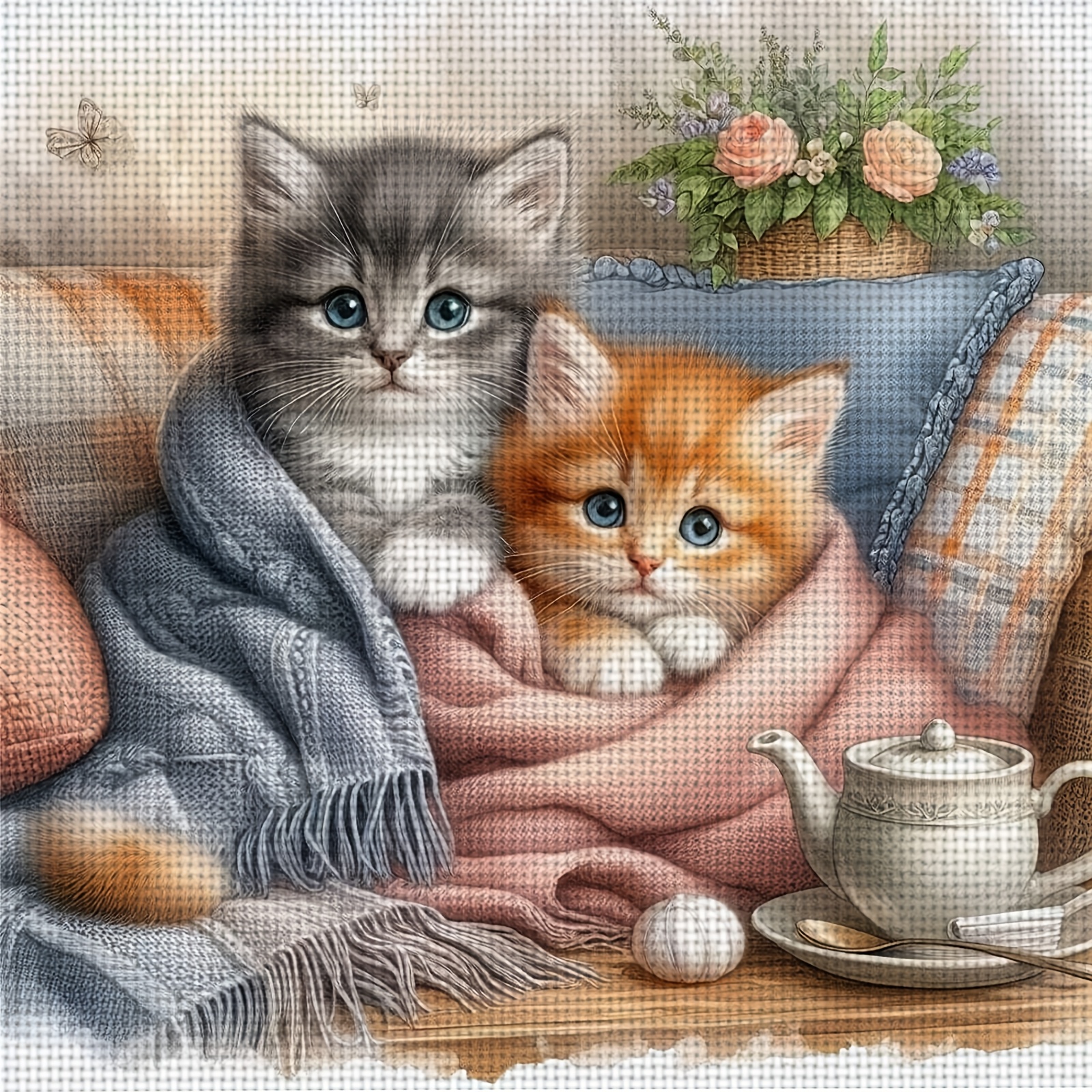 TEMU A New Unframed 11ct/14ct Printed Fabric Cross- Kit 'two Kittens Wrapped In A Blanket', Suitable For Adults And Beginners To Hand Embroidery. It