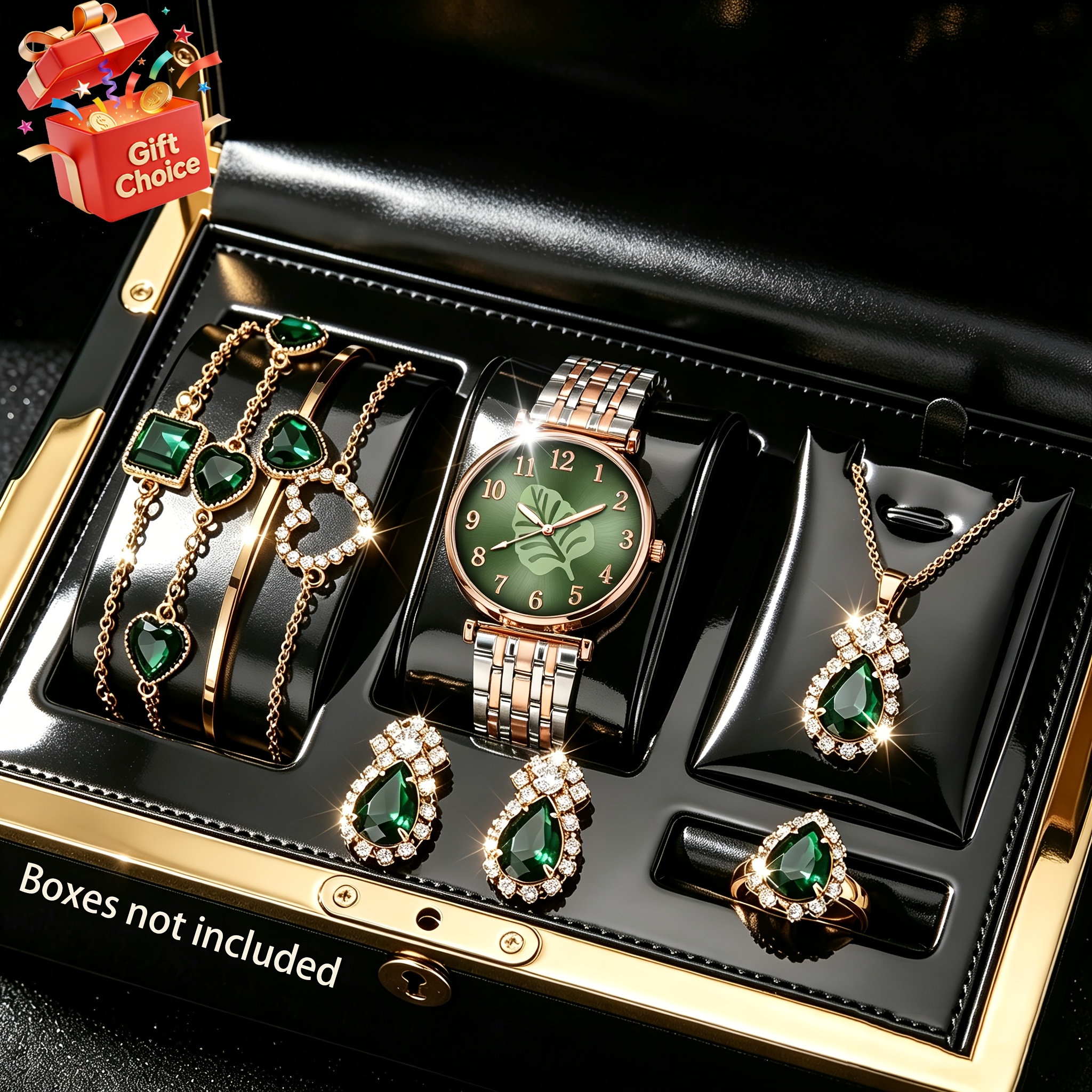 9pcs Women's Accessory Set, Luxurious * Women's Watch Set: Luxurious Multifunctional Quartz Watch, Bracelet, Necklace, Ring, and Earrings Combo — Suitable for Daily Use or as a Holiday Gift, Elegant Green