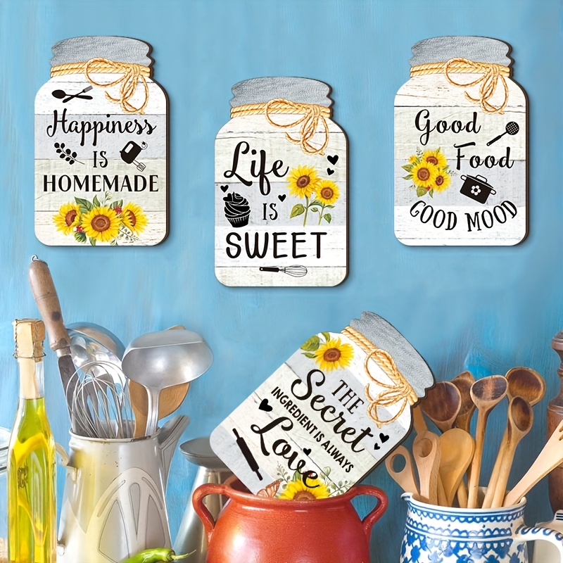 2D Flat, 2D Flat Plane, 4pcs Set - 2D Flat Printed Sunflower Kitchen Decor Wooden Hanging Sign, Wall Hanging, Rustic Style Aesthetic, 2D Flat