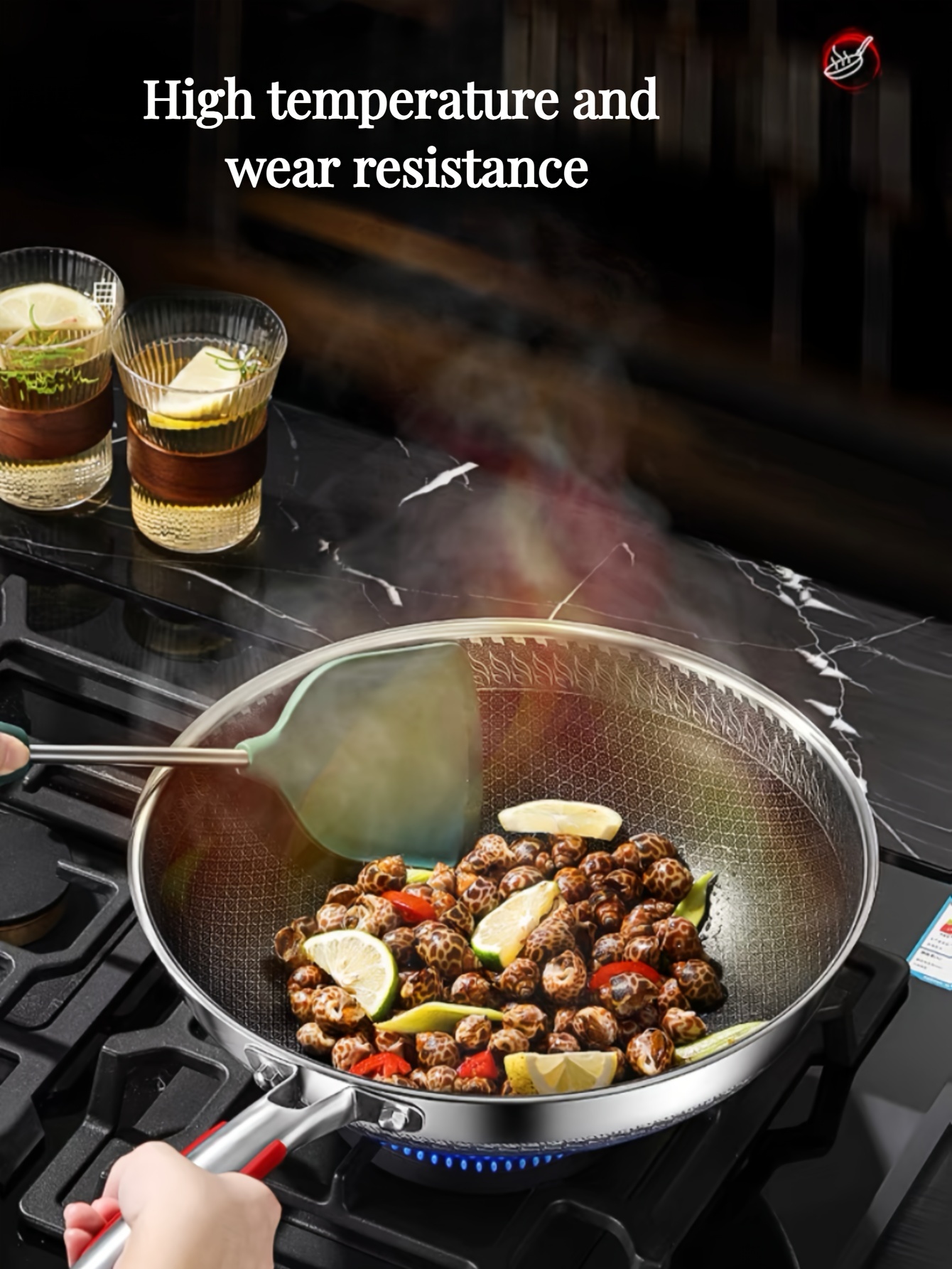 stainless steel non stick wok with honeycomb pattern for   suitable for electric and gas stoves ideal for frying fish eggs and steaks   round frying pan with handle and glass lid   in 34cm 36cm details 0