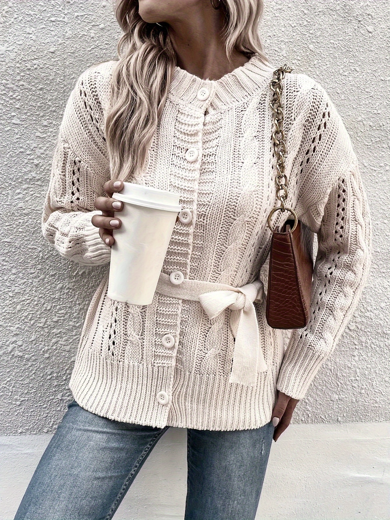 elegant polyester and cotton knit sweater with button closure and belt   collection   2