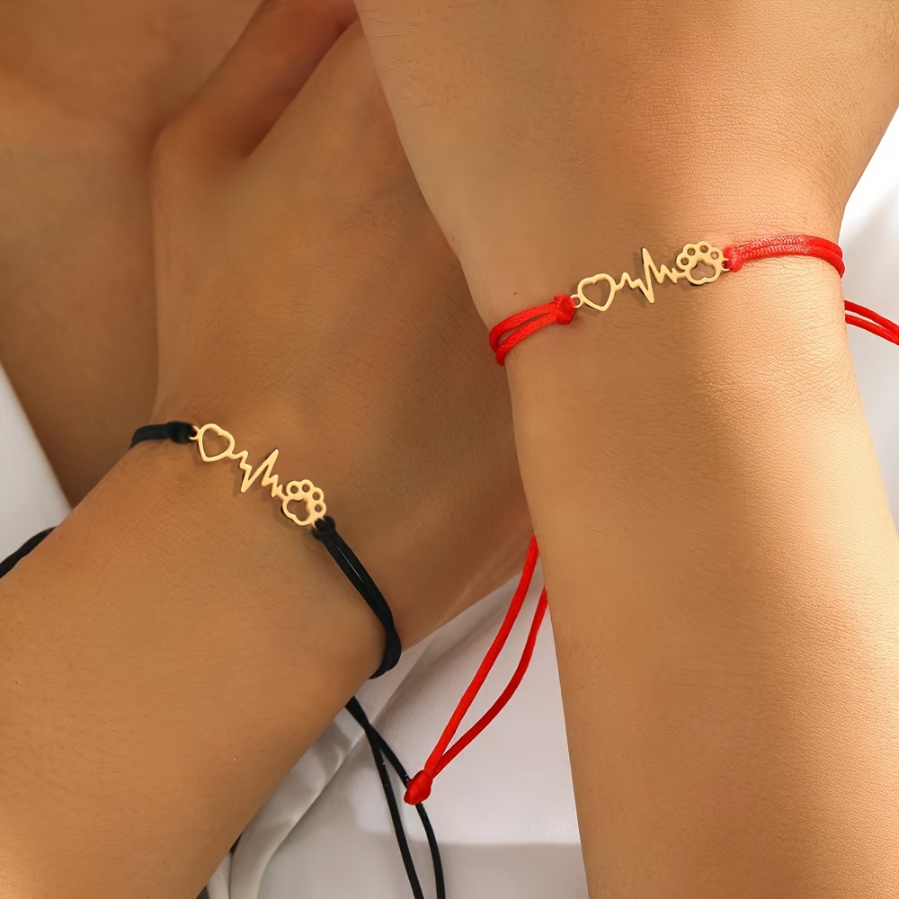 E-shop 2 handgewebte Armbänder mit Herz-, Hundepfote-, Katzenpfote- Blitz-Anhängern, verstellbare Kordelarmbänder, für den täglichen Gebrauch, Geschenk