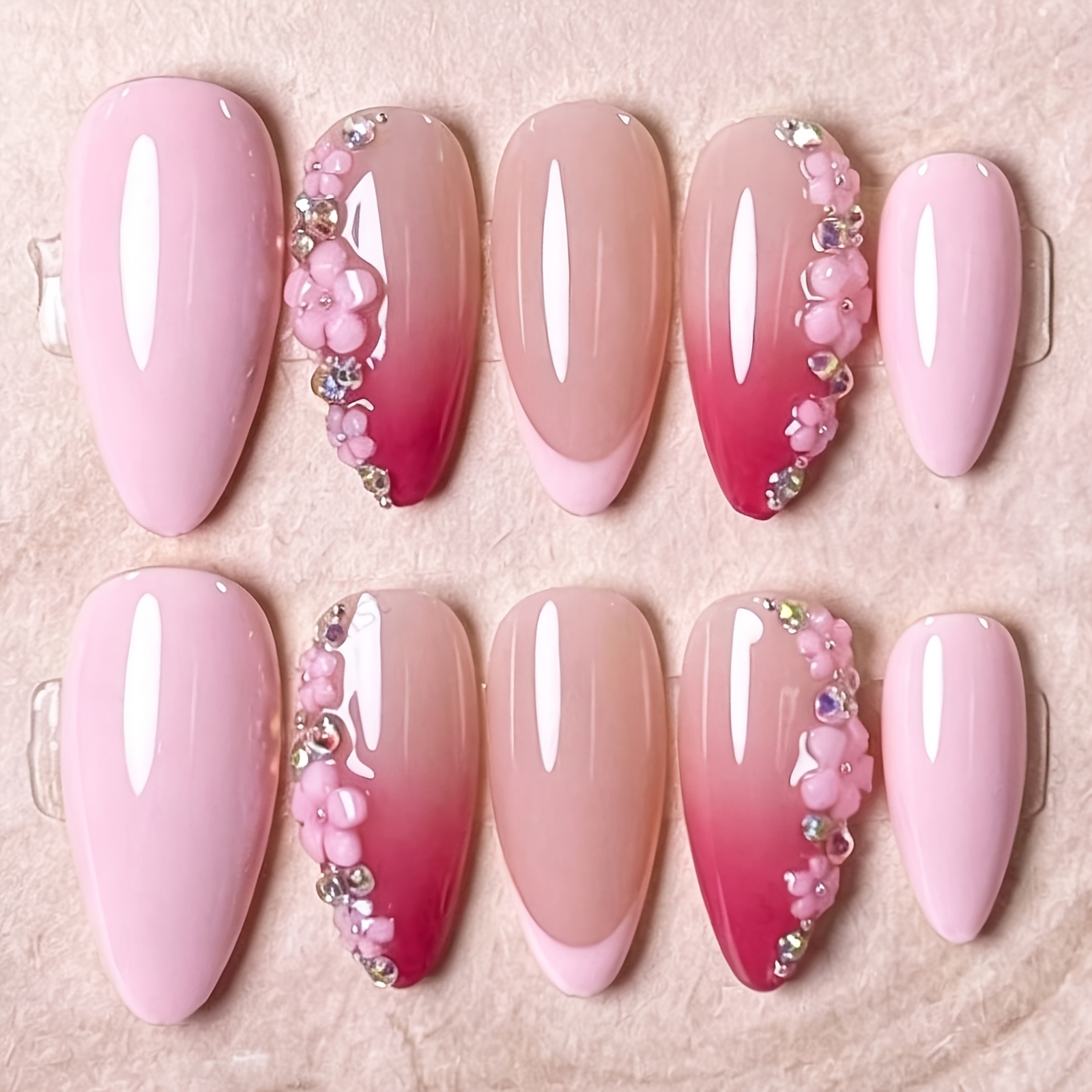 TEMU 10pcs Medium Long Almond Press On Nails Pink Gradient Sweet Elegant 3d Pink Flower Sparkling Rhinestone Decoration Glossy Full Cover Reusable