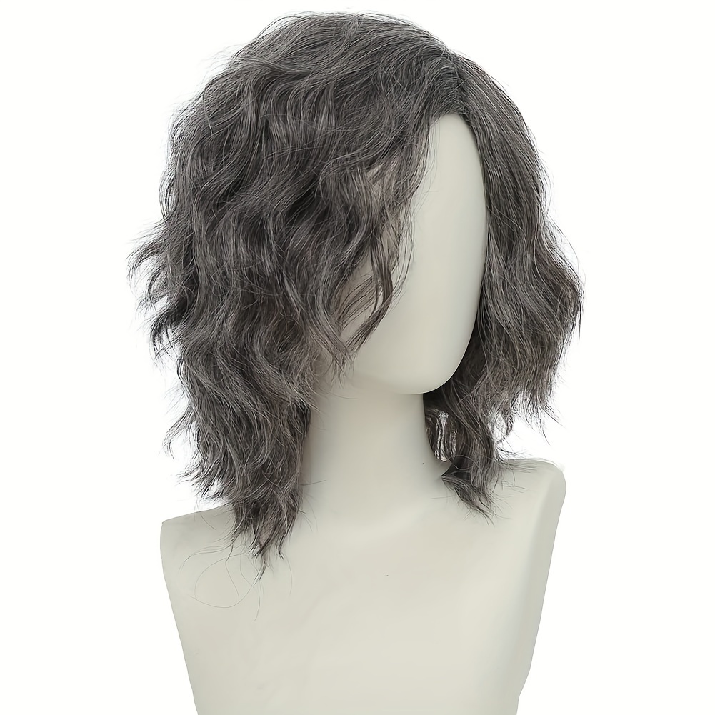 TEMU Grey Curly Wig Short Anime Gray Hair Wig Side Part Layered Fluffy Wave Cosplay Funny Costume Unisex Wig