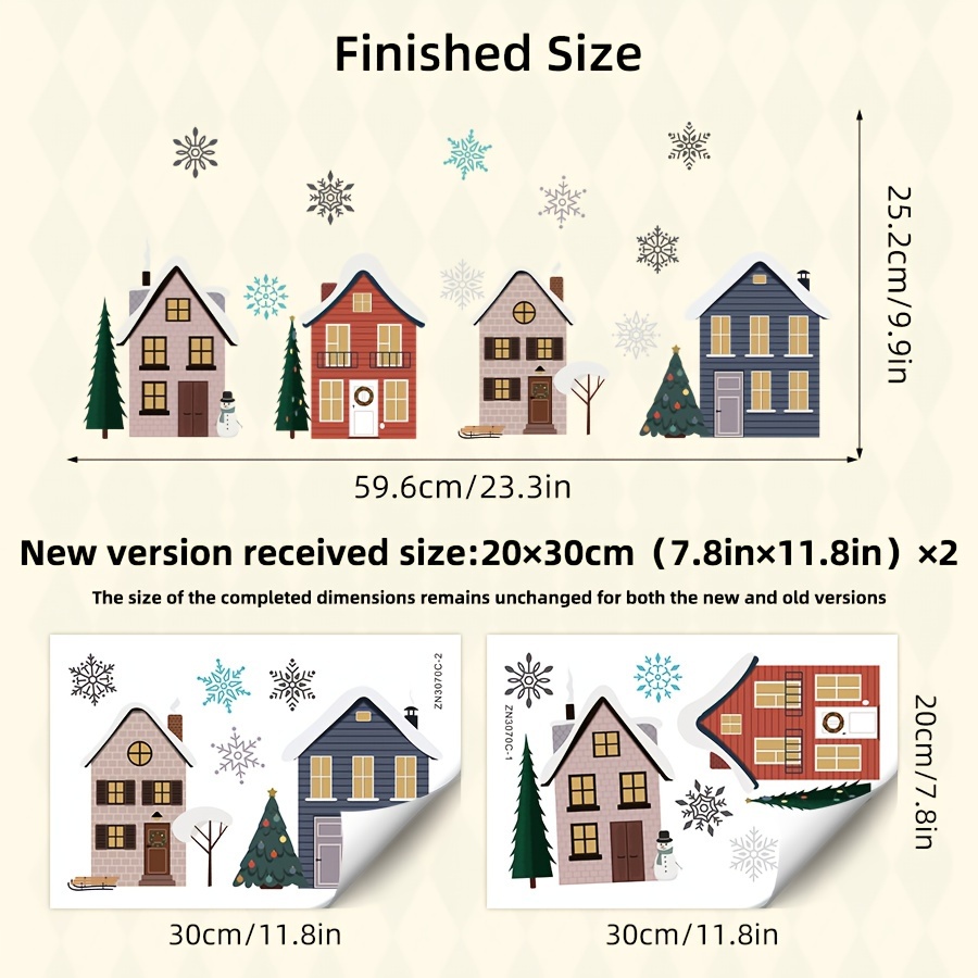 Image of Double-sided Visibility Christmas Window Stickers Featuring A Watercolor Pattern Of Houses And Snowflakes, Perfect For Decorating Bedrooms, Living Rooms, Kitchens, And Showcases