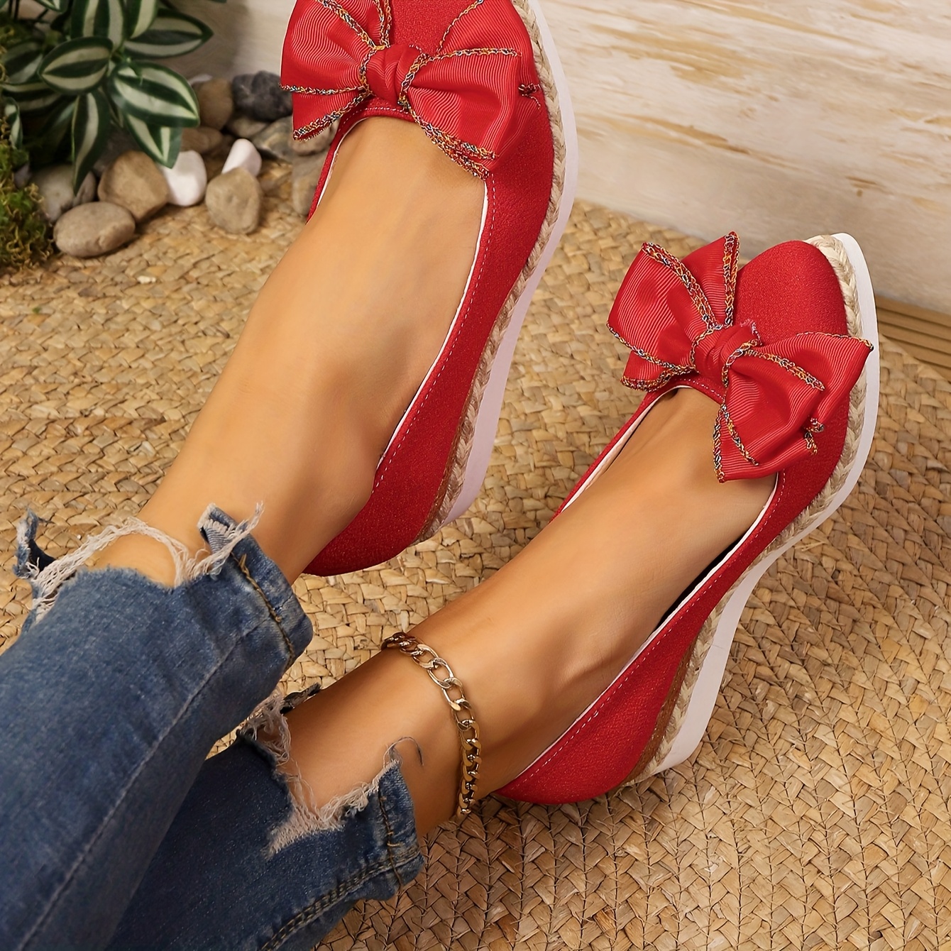 TEMU A Pair Of Women' Shoes With White Bow, Pointed Toe, Rope Sole, Slip-resistant, Wear-resistant, Lightweight And Comfortable, Women Shoes