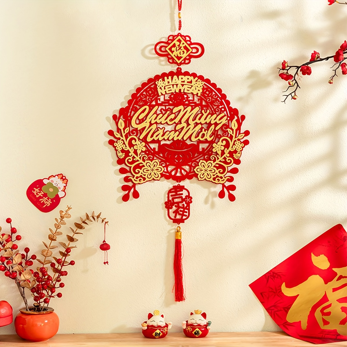 

1pc Chinese New Year Wall Hanging, Red Decor, 3d Holiday Indoor Decoration, No Power Needed, Home & Kitchen Party Supplies, Traditional Lunar New Year Gift