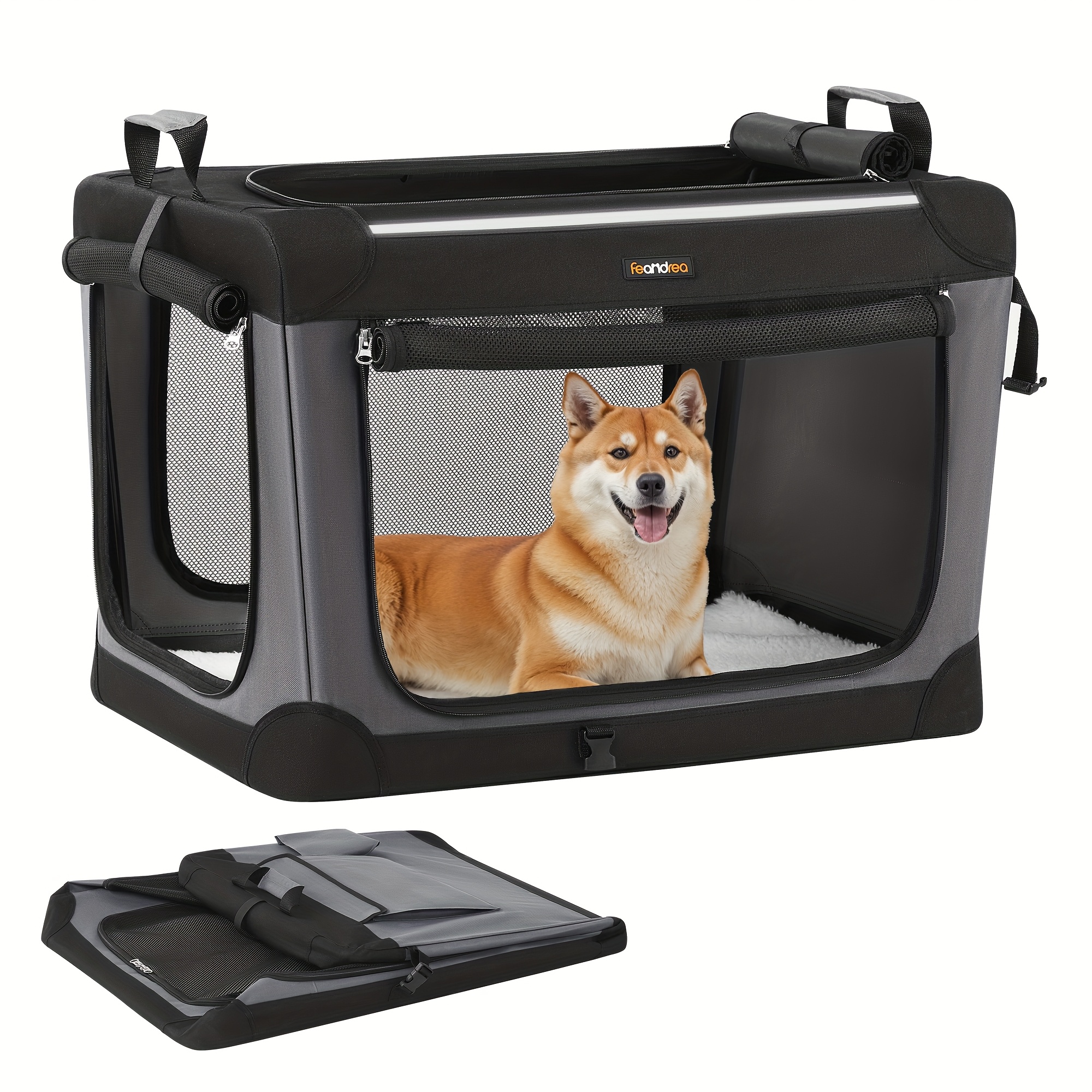 TEMU Transportín plegable de 30 pulgadas para perros medianos, en tela Oxford con 4 puertas de malla, y bolsillos para comida y agua.