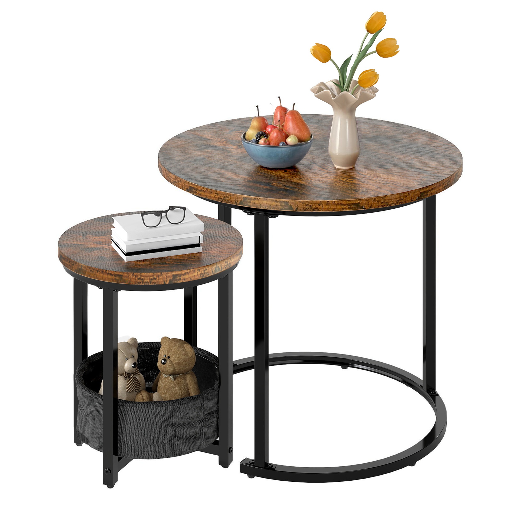Image of 2- Piece Round Coffee Table Set, Modern Living Room Side Table With Fabric Storage Bag, Stackable End Table With Wood Top And Metal Frame For Home Office