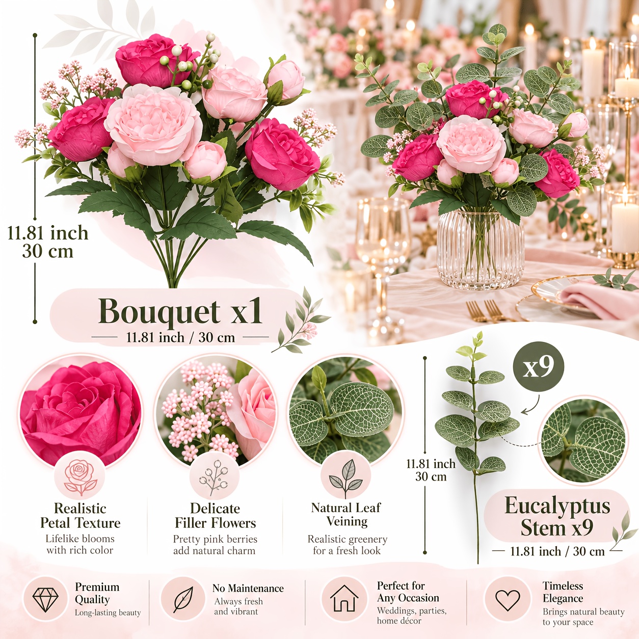 TEMU 10pcs Bouquet Mélange de Réalistes, Roses et Magenta Multi-Pétales avec Bouquets Naturels, Feuilles en et Additions de , Bouquet de Main pour