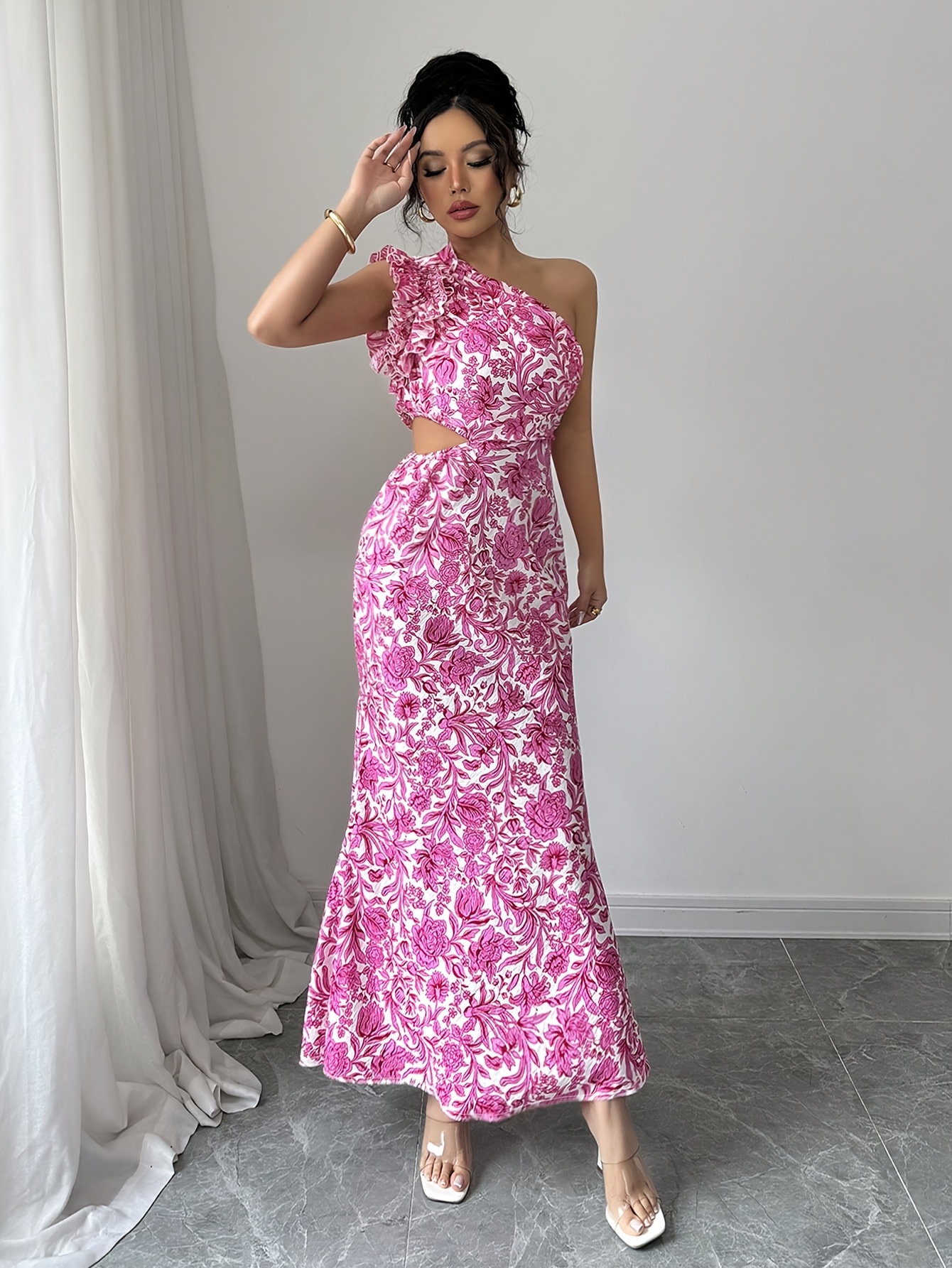 elegant pink floral asymmetrical one shoulder maxi dress - Temu Chile