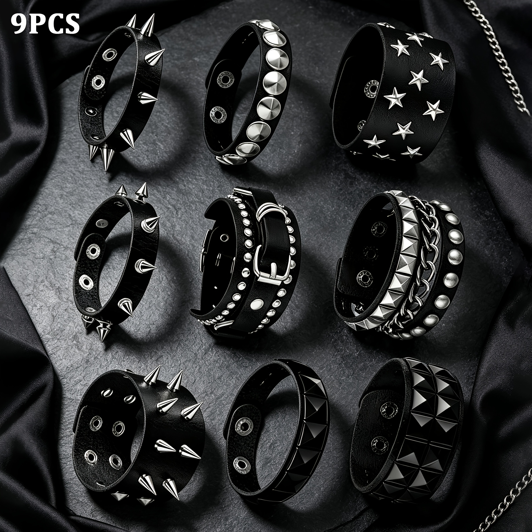 TEMU 9pcs Gothic Punk Spike Bracelet Set Suitable For Halloween Cosplay, Adjustable Pu Wide Cuff Biker Rock Jewelry With Spike Studs & Pyramid Rivet