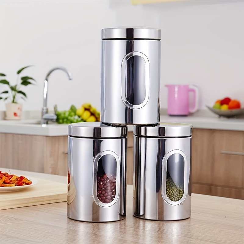 

Food Storage Containers Brushed Stainless Steel And Glass Jars With Windows, Reusable, Convenient And Durable, Wearable Kitchen Storage Containers