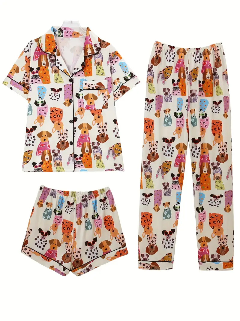3pcs womens pajama set animal print button cardigan short sleeved stretch shorts and long pants loose and elastic spring and autumn casual daily soft fabric Product details 1