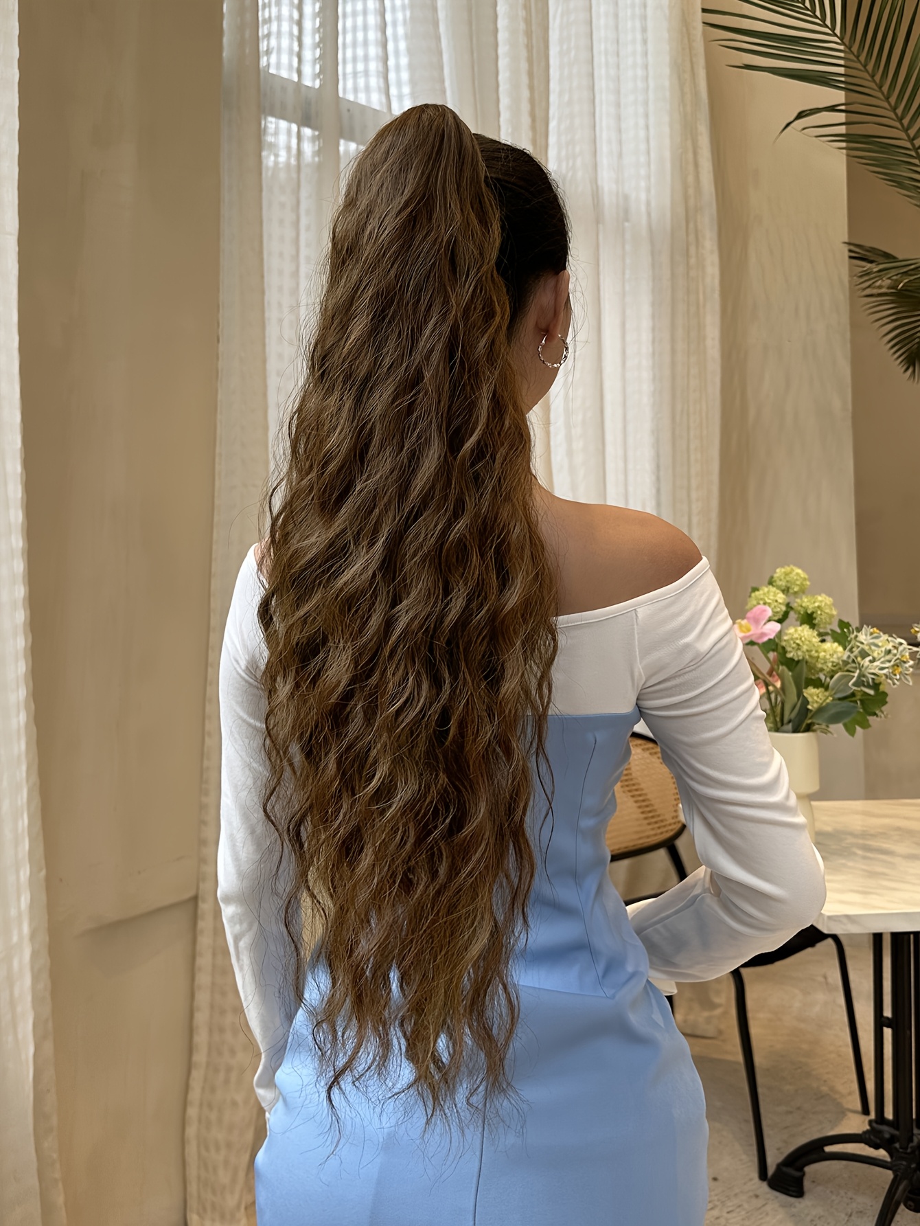 claw shaped ponytail extension dark brown 28 inch water wave heat resistant fiber synthetic ponytail wig suitable for short hair accessories for womens daily use details 2