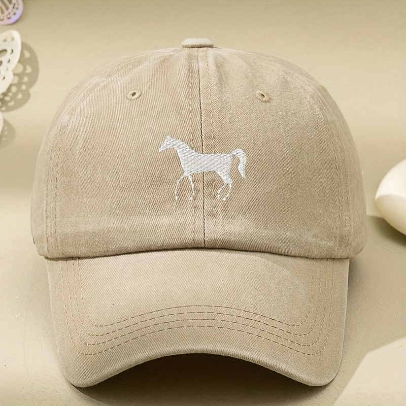 TEMU White Horse Embroidered Washed Baseball , Outdoor Casual Embroidered Baseball , Thin Distressed Spring/summer Baseball , Couple's Soft Top