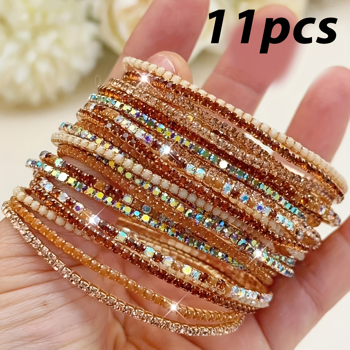 Image of 11pcs Rhinestone Fashion Bracelet Set, Christmas And Halloween Gift For Women, Stylish And Trendy Jewelry, Bracelets With Random Gradient Colors