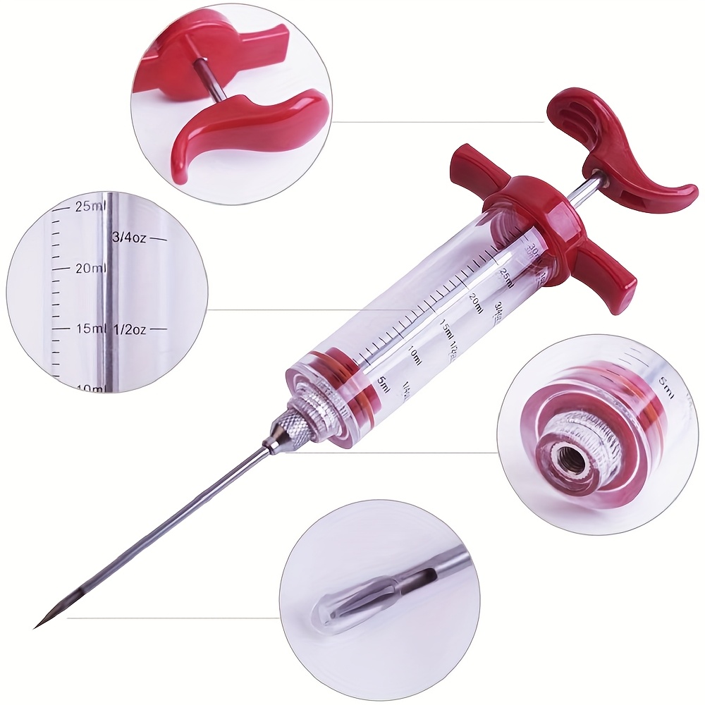 5pcs Stainless Steel & PP Marinade Syringe Set with 304 Needles - Heavy-Duty Portable Meat Injector System for BBQ, Grilling, Smoking, Marinating - Hygienic Easy-Fill Liquid & Seasoning Injector Tools Plastic syringes are for food use only, this