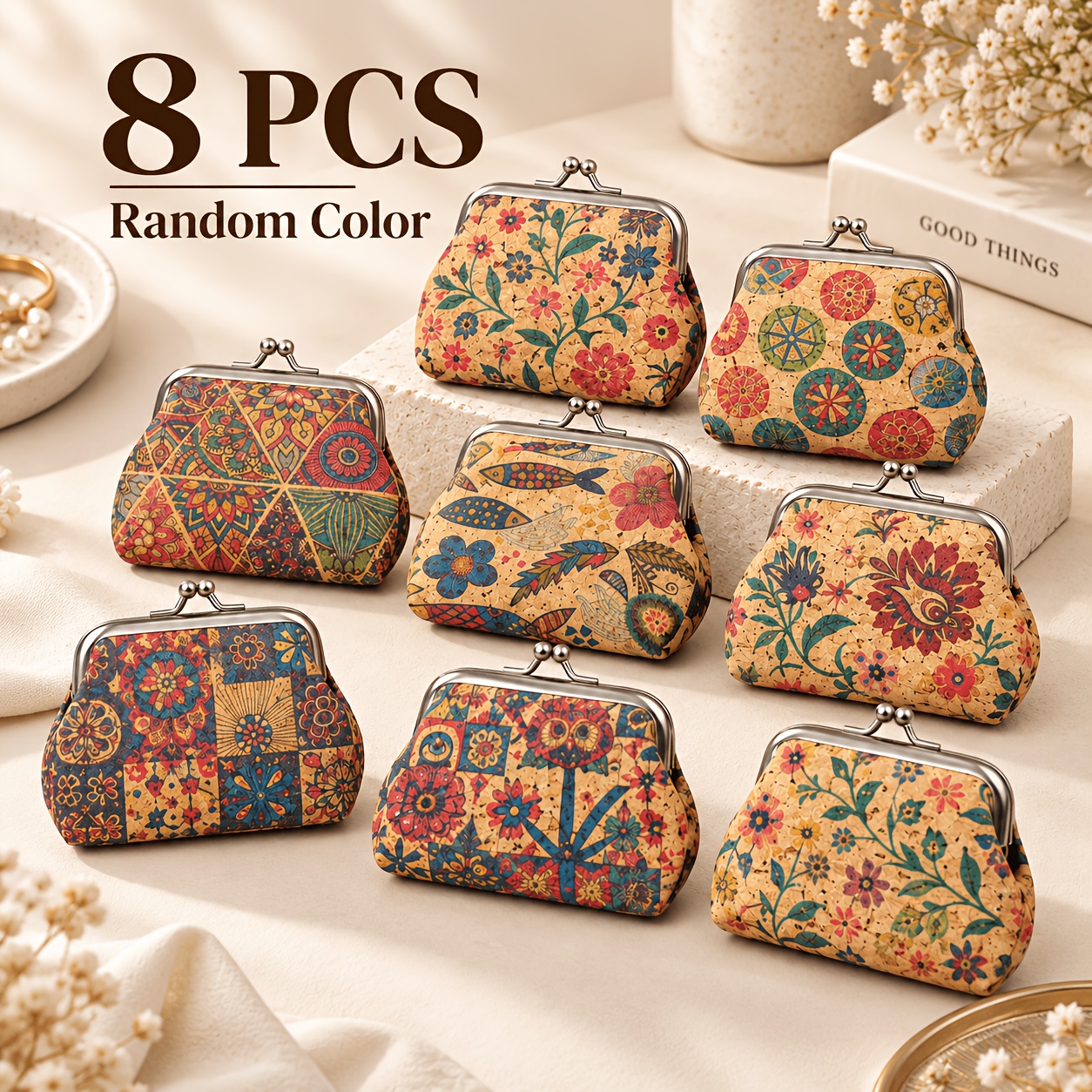 TEMU 8 Portamonete Stile Vintage Boh矇mien Casuale in con Chiusura a , Portafogli Piccoli con Fibbia e Stampa Vintage, Mini Pochette Portatili per