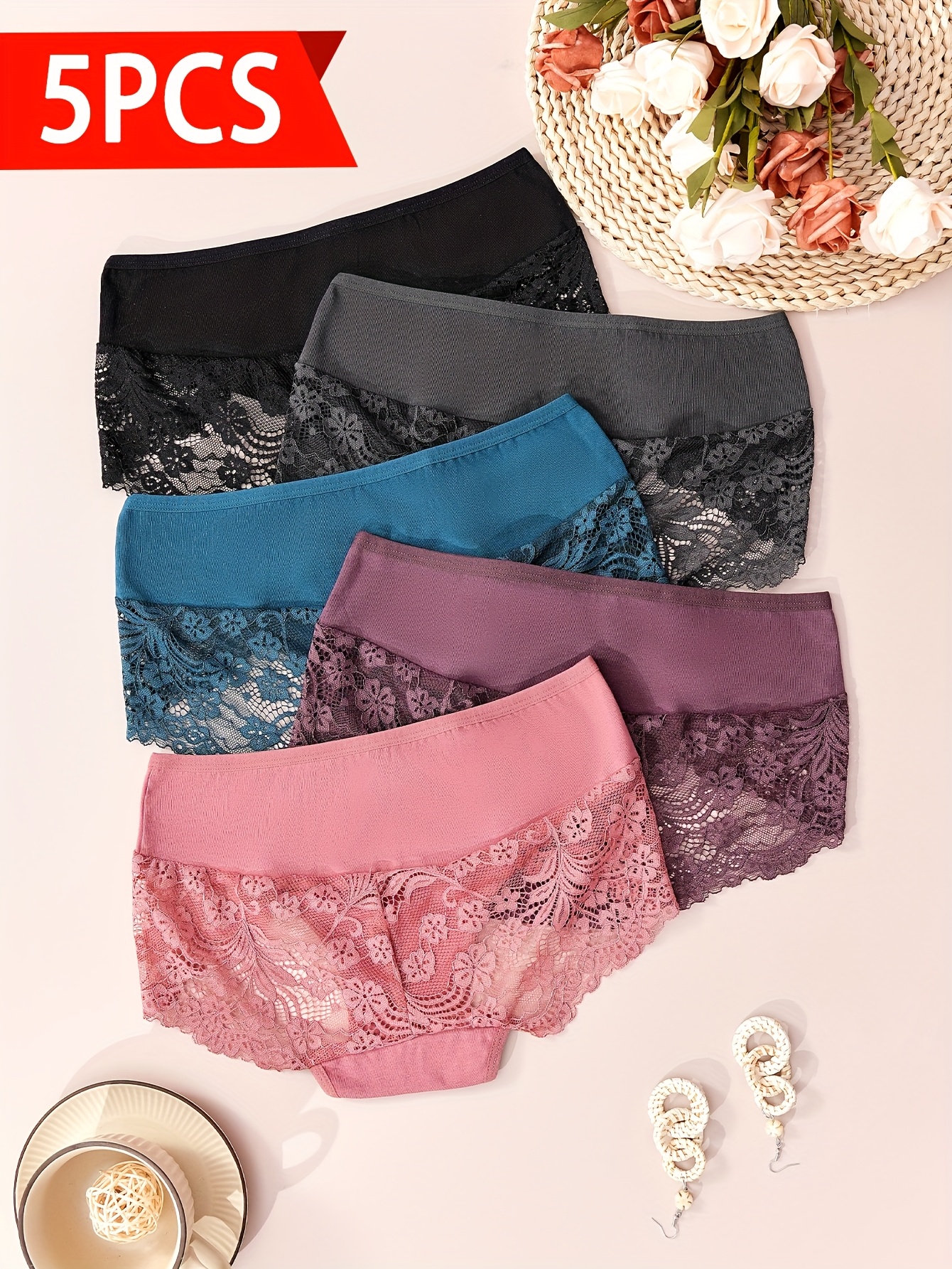 5pcs Women'S Elegant Lace Underwear - Semi-Sheer Breathable Mid-Rise Briefs with Contrast Lace Trim, High Elasticity Light Beige-Friendly Comfort, Assorted Colors (Navy, Pink, Black, Purple, White) for Casual Attire, Lace Panties, Comfortable Underwear, Semitransparent Design, Highelasticity Fabric, Daily Essentials, Stylish Panties, Soft Material, Seamless Panties, Stylish Women