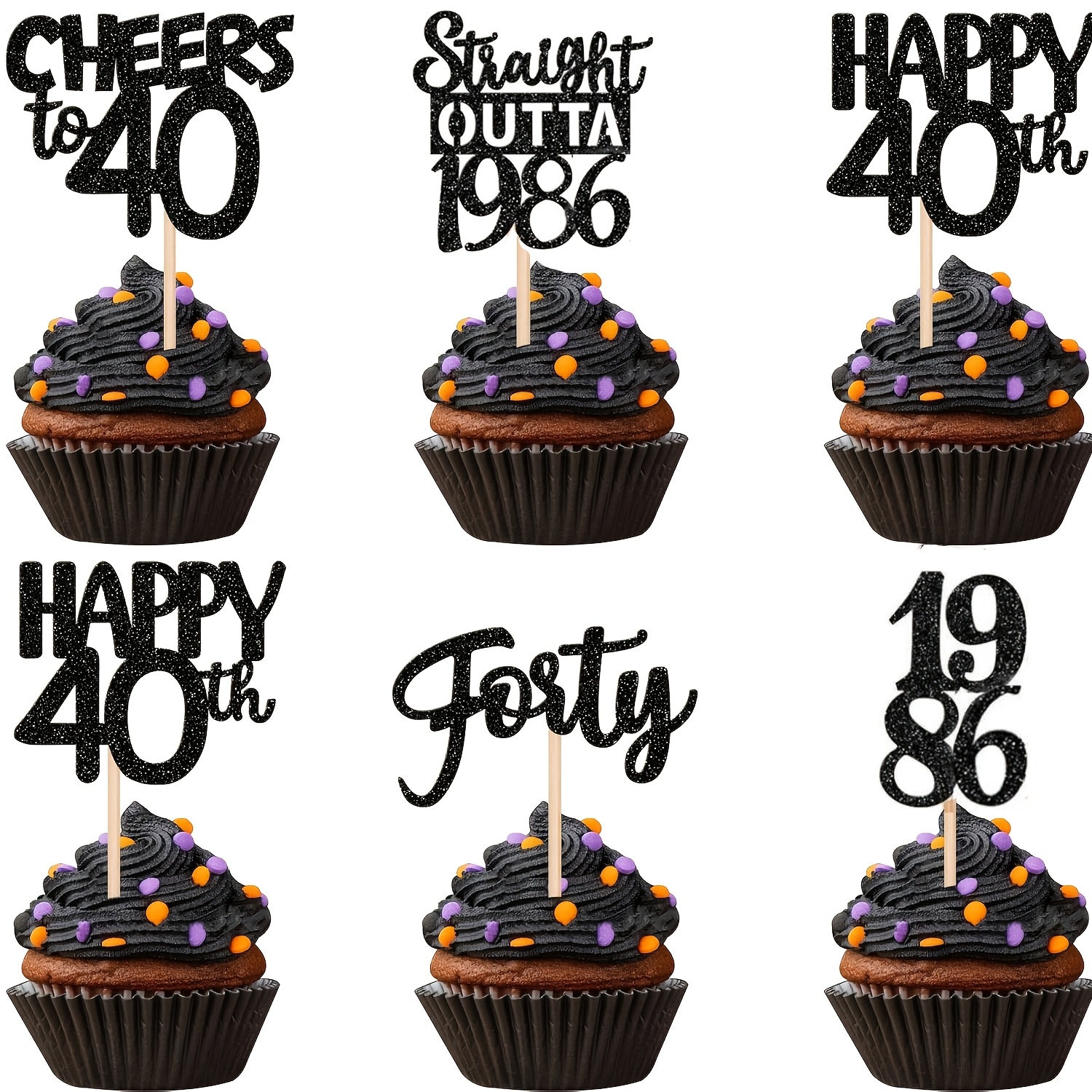 Image of 24pcs Black 40th Birthday Cupcake Toppers | Glitter Happy 40th 1985 Cupcake Picks For Cheers To , 40th Birthday Wedding Anniversary Party Decorations Supplies, Material