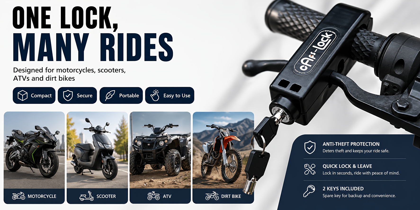 Juego de candado antirrobo para manillar con 2 llaves, candado para motocicleta con combinación - Candado antirrobo ABS para acelerador, sistema sin llave para motocicletas, ATV, scooters, motos de cross, fácil de instalar y quitar, sin batería