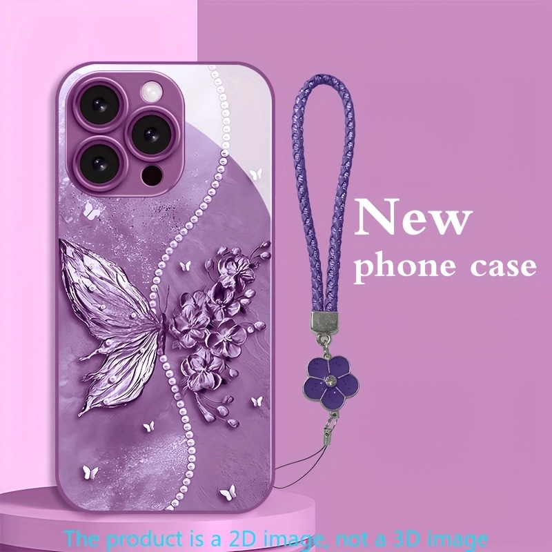 TEMU Phone Case - Floral Series Metallic Paint Glass Phone Case With Lanyard For Iphone