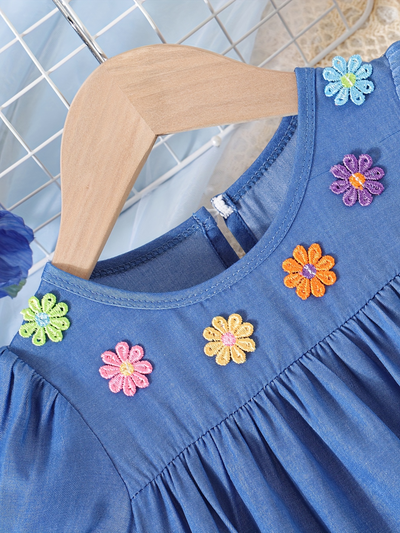girls colorful 3d flower bubble sleeve solid pleated   denim dress blue 4