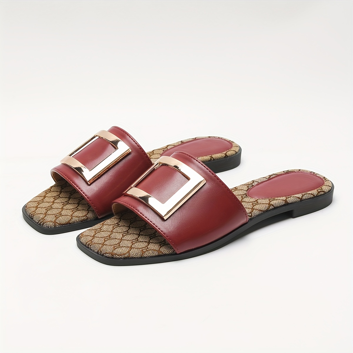 Vintage Square Toe Slides for Women - All-Season Slip-On Flat Heel Sandals with Ankle-Strap, Fashionable Casual Beach Open-Toe Slides with Square Buckle Detail, Man-Made Materials & TPR Sole