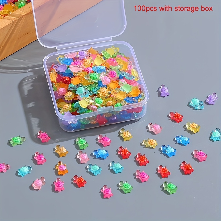 TEMU 2d Flat, 100pcs Resin Mini Turtle Charms With Storage Box - Colorful Glossy Flat Back Sea Turtle Pendants For Diy Handmade Art, Jewelry Making-