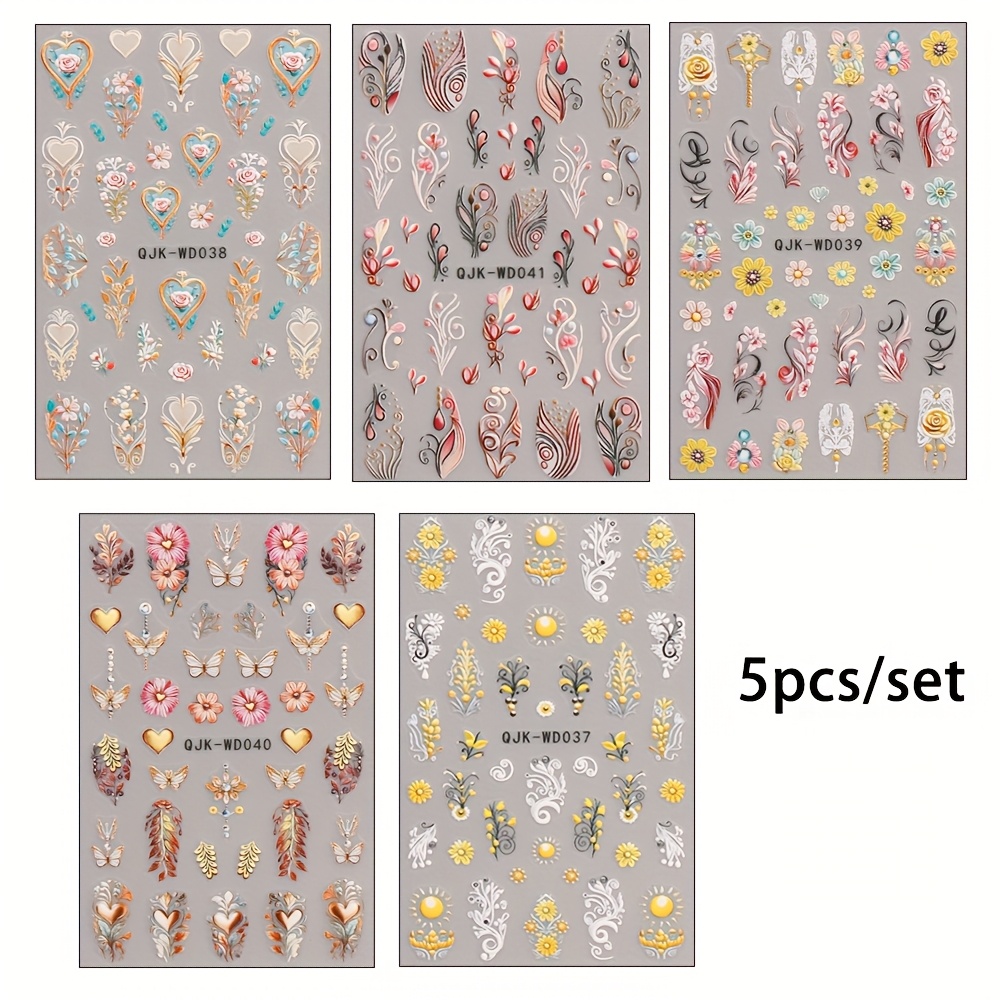 Image of 5pcs Set Of 5d Red Yellow Floral Carved Nail Stickers Y2k Bohemian Relief Pendant Art Disposable Women's Nail Stickers