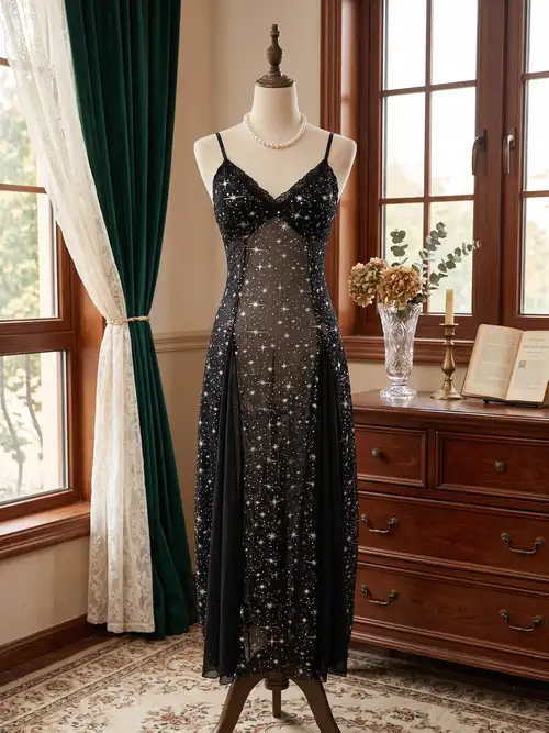 Sparkly Starry Mesh Nightgown Black V Neck Long Slit Sleep Dress Sheer * Nightwear for Women Sparkly Starry Mesh Nightgown Black V Neck Long Slit Sleep Dress Sheer * Nightwear for Women