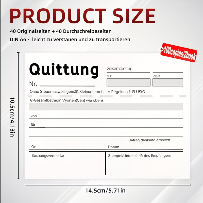 100 Copies/2 Books, A6 Horizontal Receipt Books, With 2-part Carbonless Paper, German Receipts And Invoices Self-carbonized, Suitable For Small , Associations, Sole Proprietors, Small Vendors For
