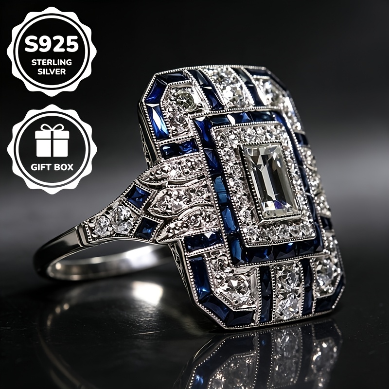 1pc S925 925 Silvery Plated Luxurious Court Blue Synthetic Cubic Zirconiaia Ring, Unisex, Perfect Engagement Proposal Gift, High-quality Jewelry, Suitable For Daily Casual And Banquet Party Wear