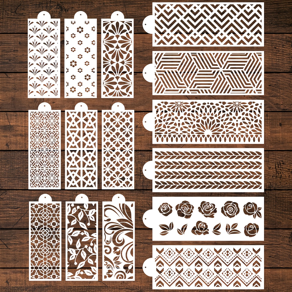 E-shop 15-teiliges Kuchen-Sprühformen-Set mit hohlen Schablonen in Blatt-, Blumen- geometrischem Muster, PET-Lebensmittelqualitätsmaterial für Kuchen-