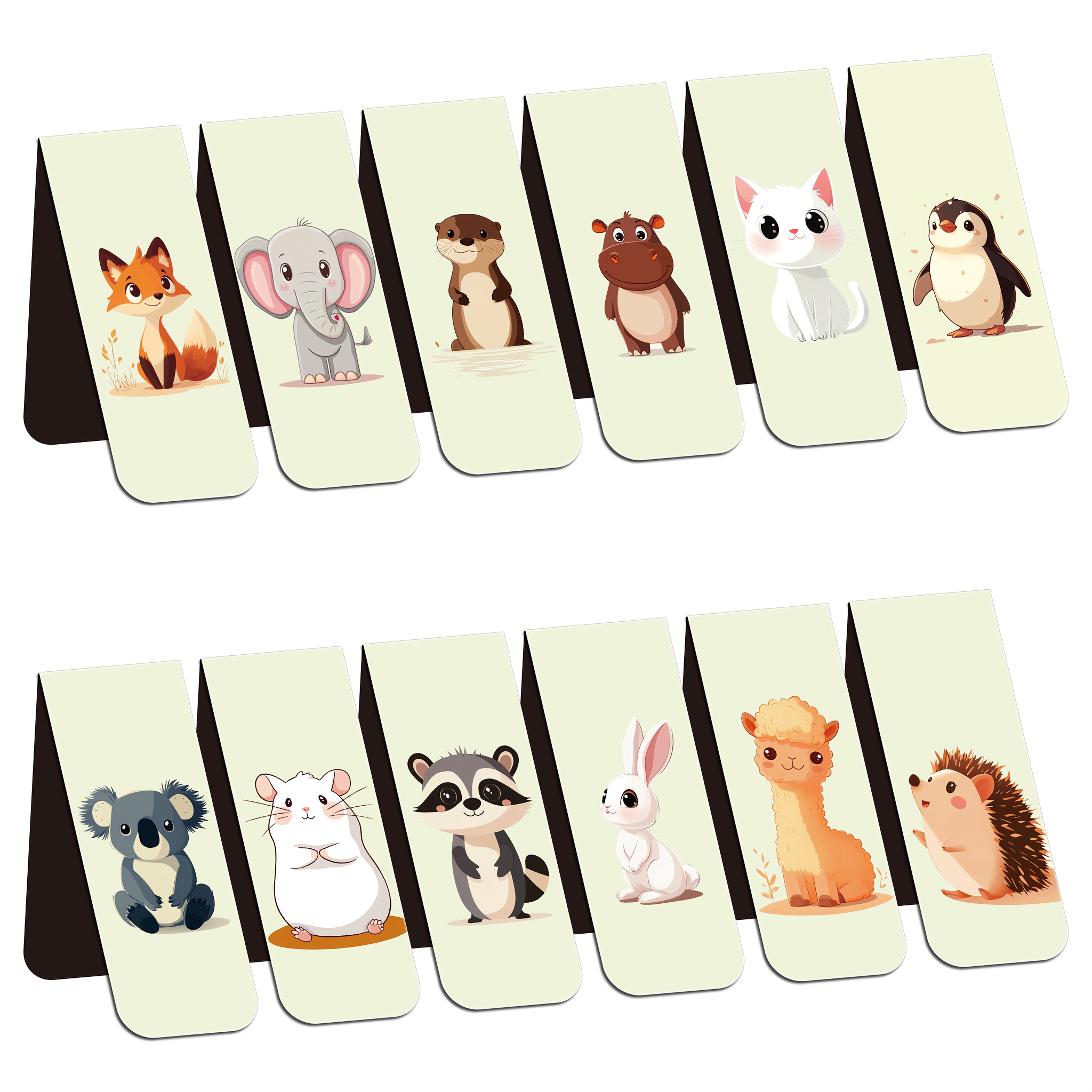 E-shop 12er-Set Magnetische Cartoon-Tier-Lesezeichen - Bunte Synthetische Gummiseitenmarkierungen für Bücher, Lustige Schülerbedarf mit Pinguin-,