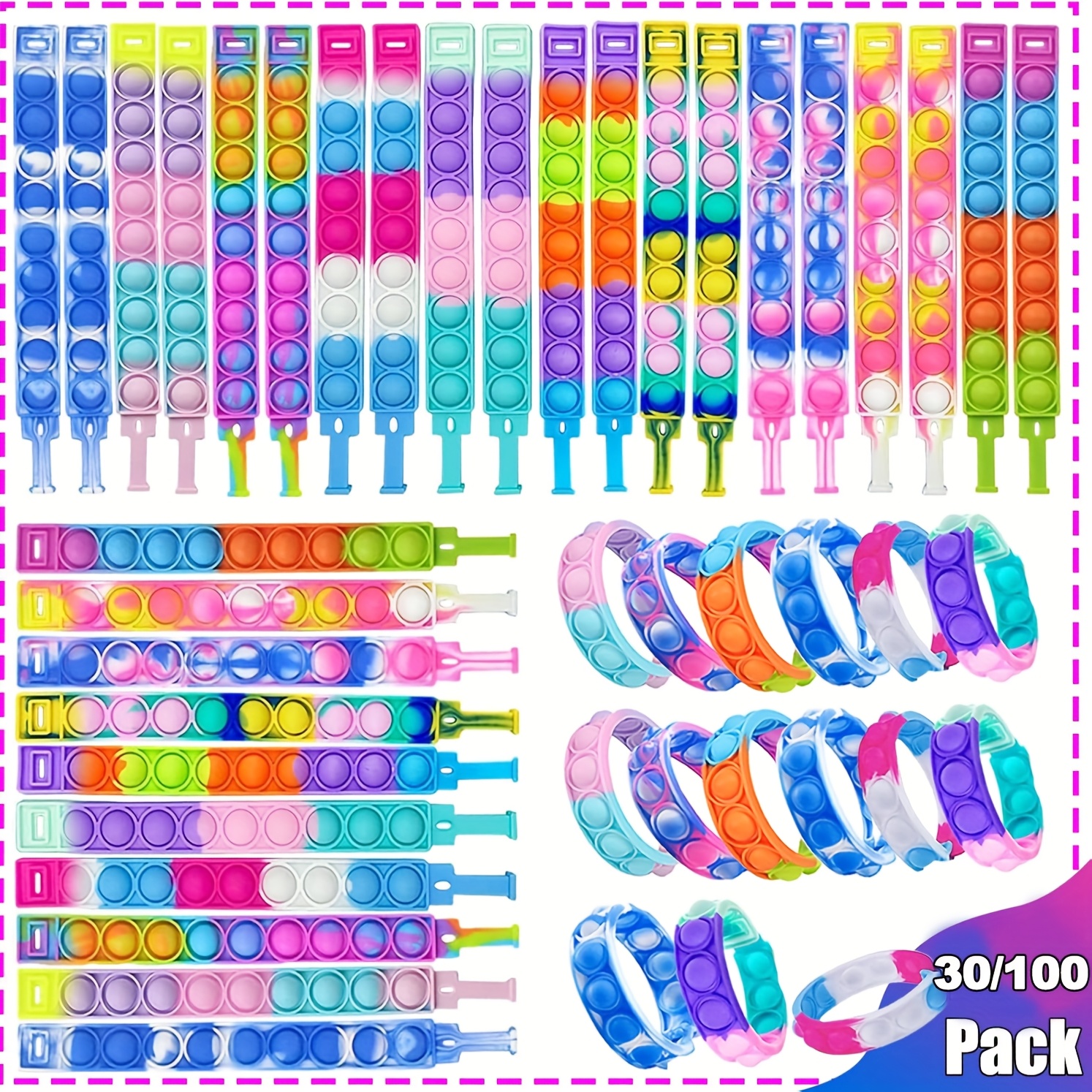 MEZHOBBY 30pcs/100pcs Pop Bracelet Party Favors Fidget Bracelet It Birthday Party Favors For Kids Goodie Bags Stuffers Classroom Prizes Brand