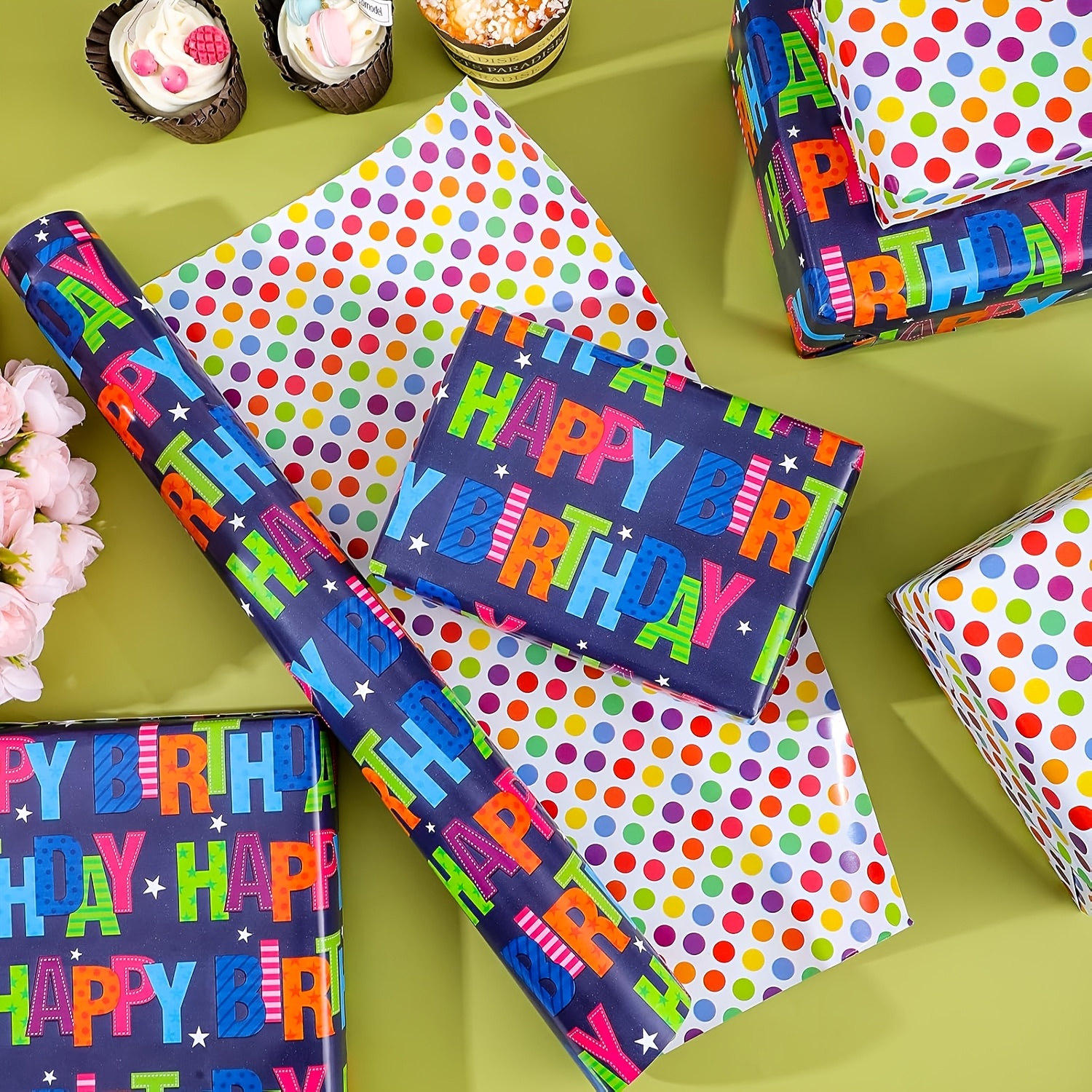 TEMU 5-meter/16.4-foot Roll Of Wrapping Paper | Double-sided "happy Birthday" Matte Pattern | Coated Paper 43.12cm × 500.2cm | 80gsm Thickened Gift