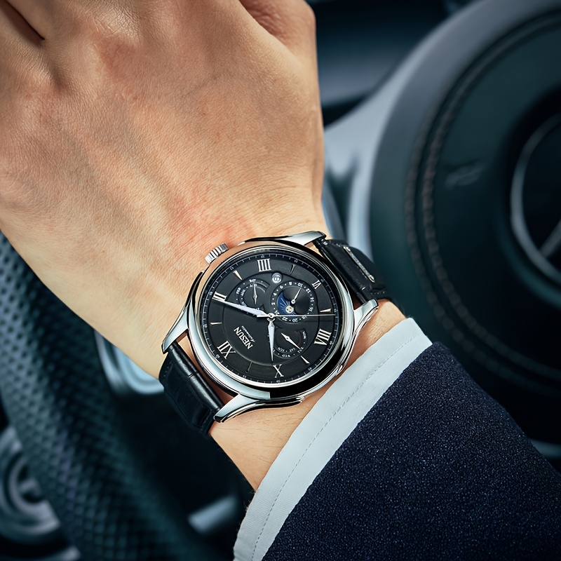 Men's Multifunctional Stainless Steel Mechanical Watch with Leather Strap