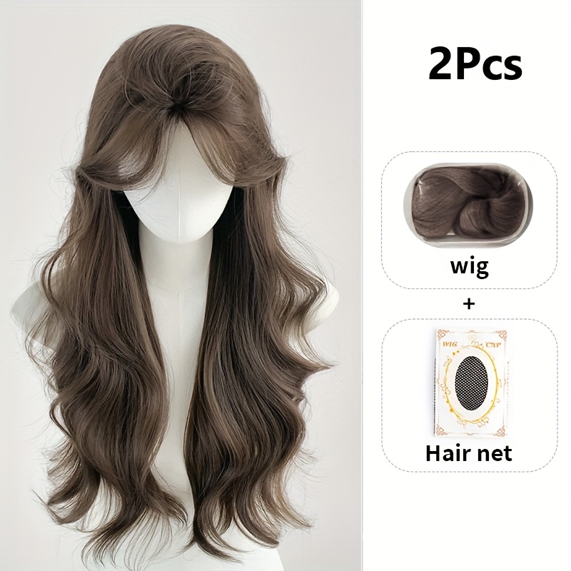 TEMU 2 stuks Pruiken + Haar Net, Hittebestendige Pruiken, Bruine Volledige Hoofd Set met Dagelijkse Krullende Golf Stijl